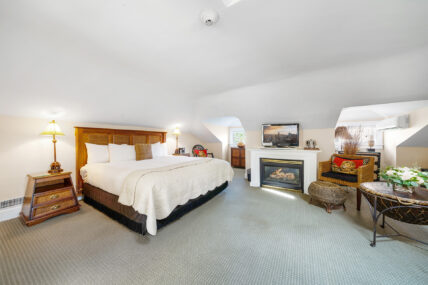 A wide view of the cozy space in the Safari Loft at The Charles Hotel in Niagara-on-the-Lake.