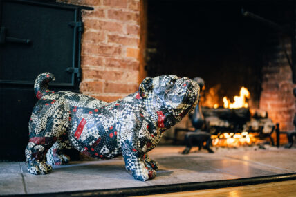 An artistic bulldog statue in the Verandah Room at The Charles Hotel in Niagara-on-the-Lake.