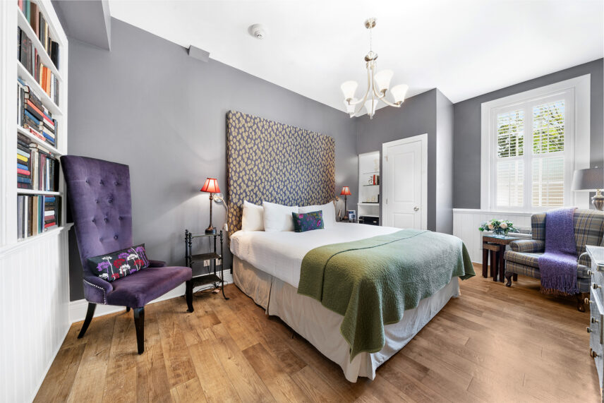 The bedroom in the Library Room at the Charles Hotel in Niagara-on-the-Lake.