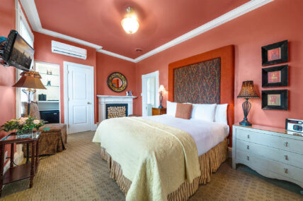 The bedroom in the Onigahara Room at The Charles Hotel in Niagara-on-the-Lake.