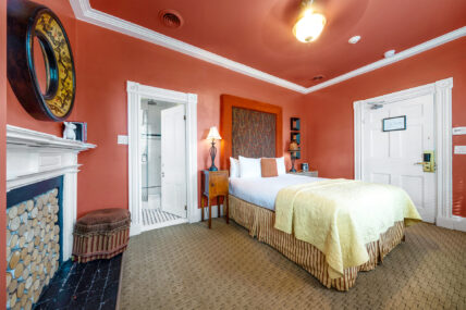 The bedroom in the Onigahara Room at The Charles Hotel in Niagara-on-the-Lake.