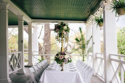 Centerpieces on a long wedding table at The Charles Hotel in Niagara-on-the-Lake.