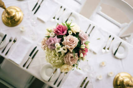 A flower arrangement on a wedding table at the Charles Hotel in Niagara-on-the-Lake.