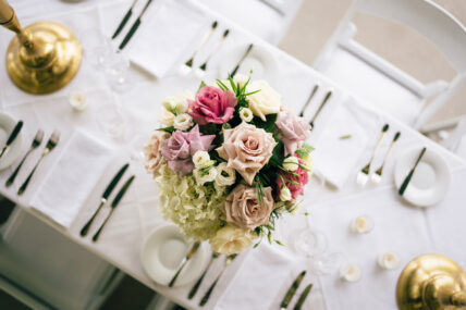 A flower arrangement on a wedding table at the Charles Hotel in Niagara-on-the-Lake.
