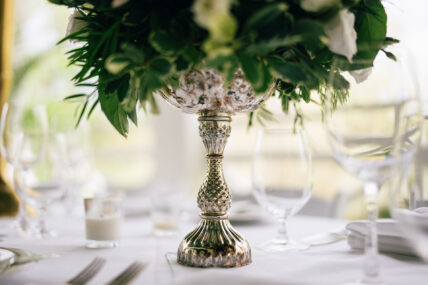A metal vase on a wedding table at the Charles Hotel in Niagara-on-the-Lake.