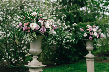 Flowers on a pedestal at The Charles Hotel in Niagara-on-the-Lake.