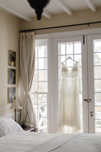 A wedding gown on a hanger in the Charles Hotel in Niagara-on-the-Lake.