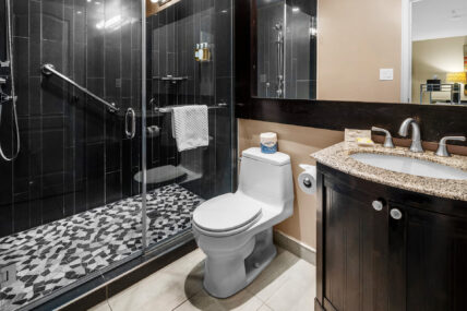 The bathroom in the Club Room with Fireplace at the Shaw Club in Niagara-on-the-Lake.