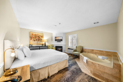 A wide view of the Club Room with Whirlpool and Fireplace at the Shaw Club in Niagara-on-the-Lake.