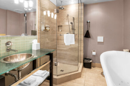 A bathroom in a superior king room at the Shaw Club in Niagara-on-the-Lake.