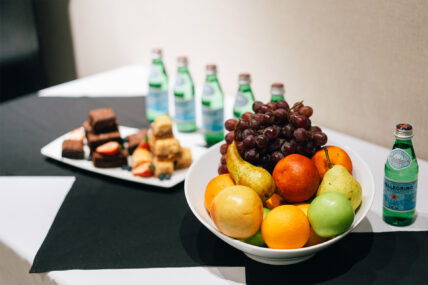 Fruit and sparkling water in a meeting room at the Shaw Club in Niagara-on-the-Lake.