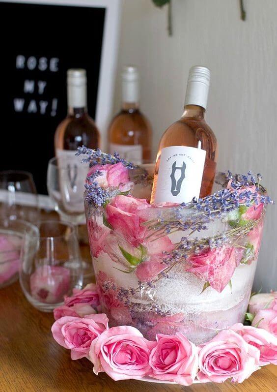 Wine bottle in Mother’s Day floral ice bucket in Niagara-on-the-Lake.