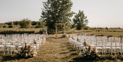 Chairs and wedding aisle set for a wedding at Queenston Mile Vineyard in Niagara on the Lake