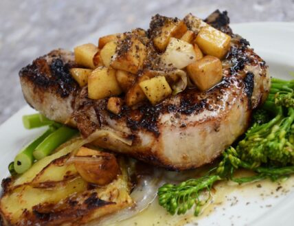 Pork Chop stuffed with herbs, mushrooms, pistachios and breadcrumbs in Niagara-on-the-Lake.