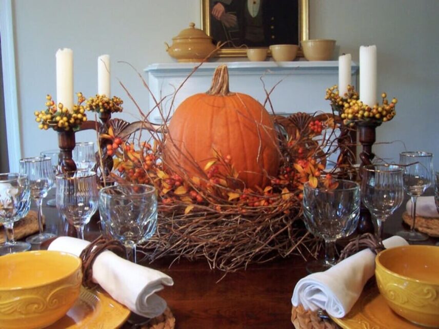 Thanksgiving pumpkin centrepiece decoration on a dining table in Niagara-on-the-Lake.