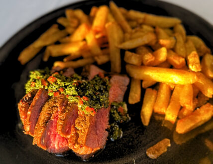 Steak Frites with a zesty chimichurri sauce in Niagara-on-the-Lake.