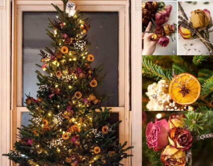A collage of DIY dried flower ornaments alongside a Christmas tree adorned with them in Niagara-on-the-Lake.