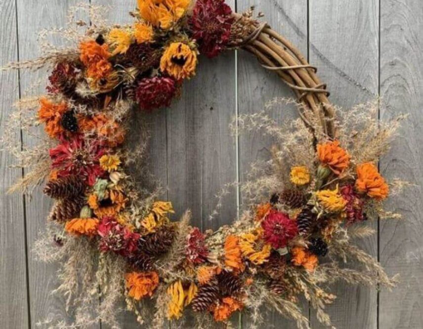 A rustic dried flowers harvest wreath for fall in Niagara-on-the-Lake.
