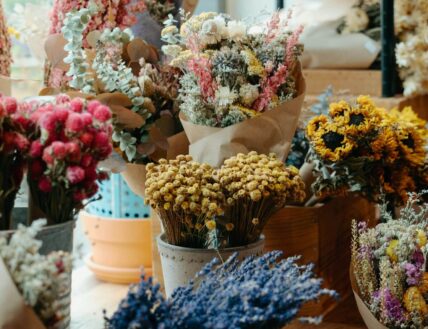 A variety of rustic dried flowers for making harvest wreaths in Niagara-on-the-Lake.