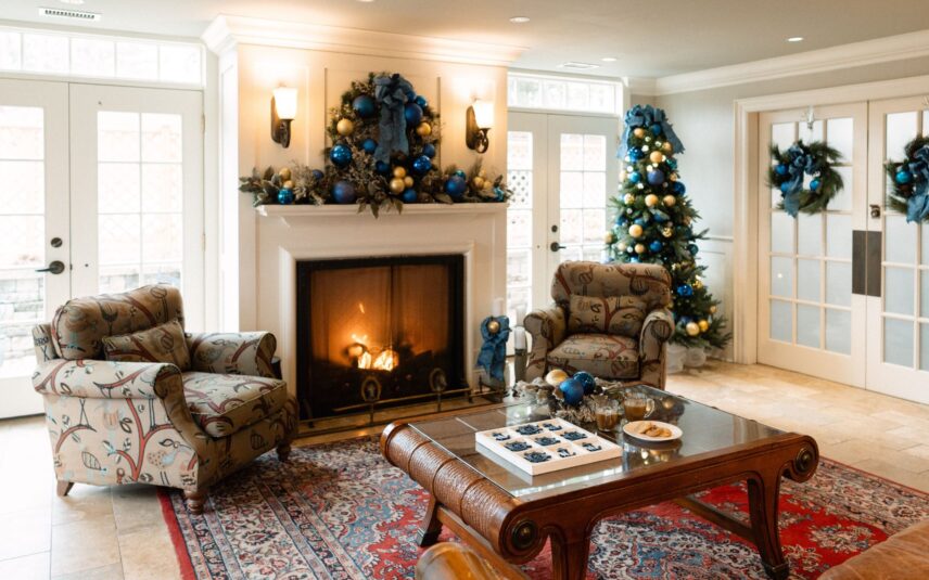 A fireplace in a festive room at Harbour House Hotel in Niagara-on-the-Lake.