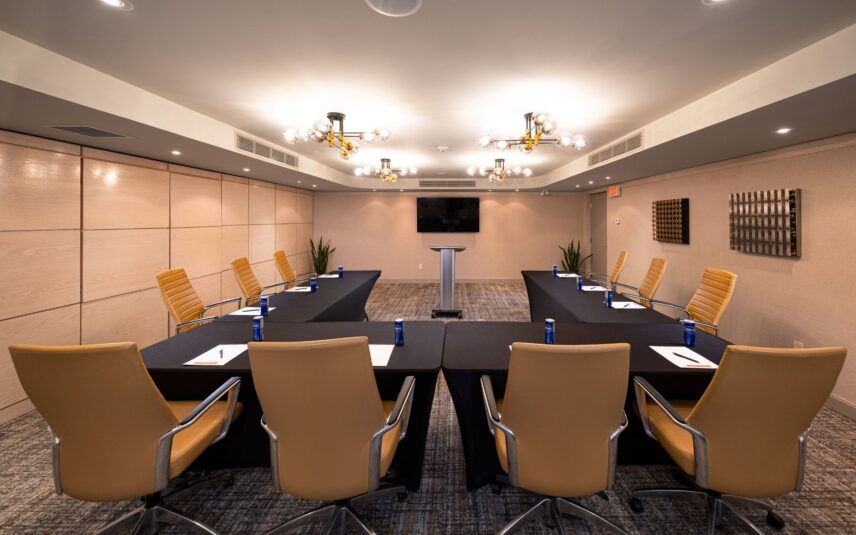 A u-shape meeting set up in the conference room A boardroom at the Shaw Club in Niagara-on-the-Lake