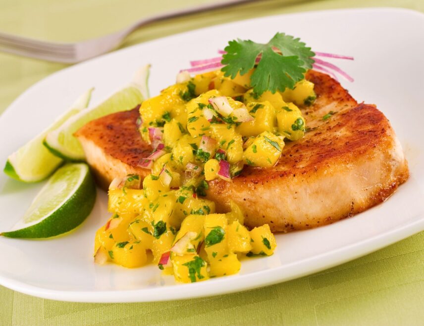 Grilled Swordfish topped with fresh mango pineapple salsa recipe.