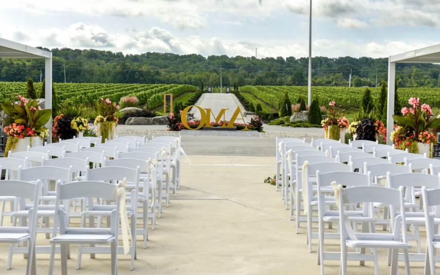 Outdoor winery wedding ceremony site at Amo Estate Winery in Niagara on the Lake